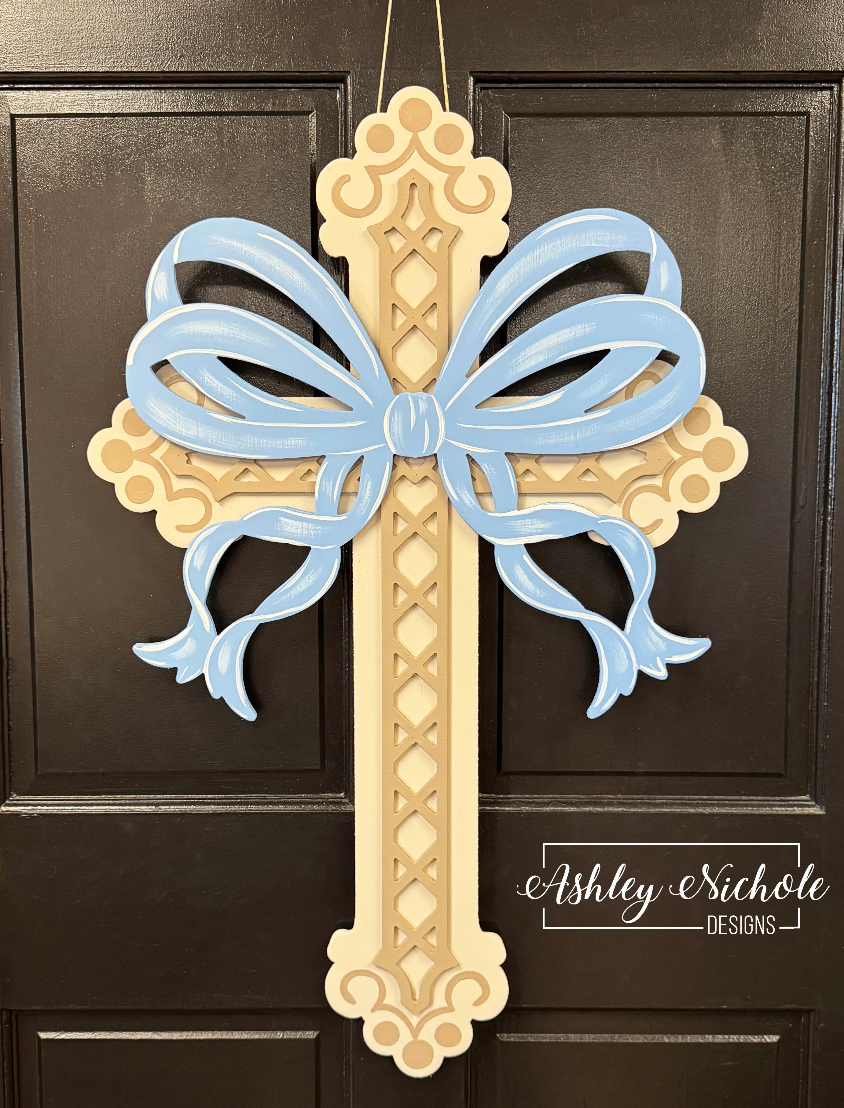 Fancy Cross with Wooden Bow Door Hanger - Choose from 4 colors (Hand-Painted) - Image 3