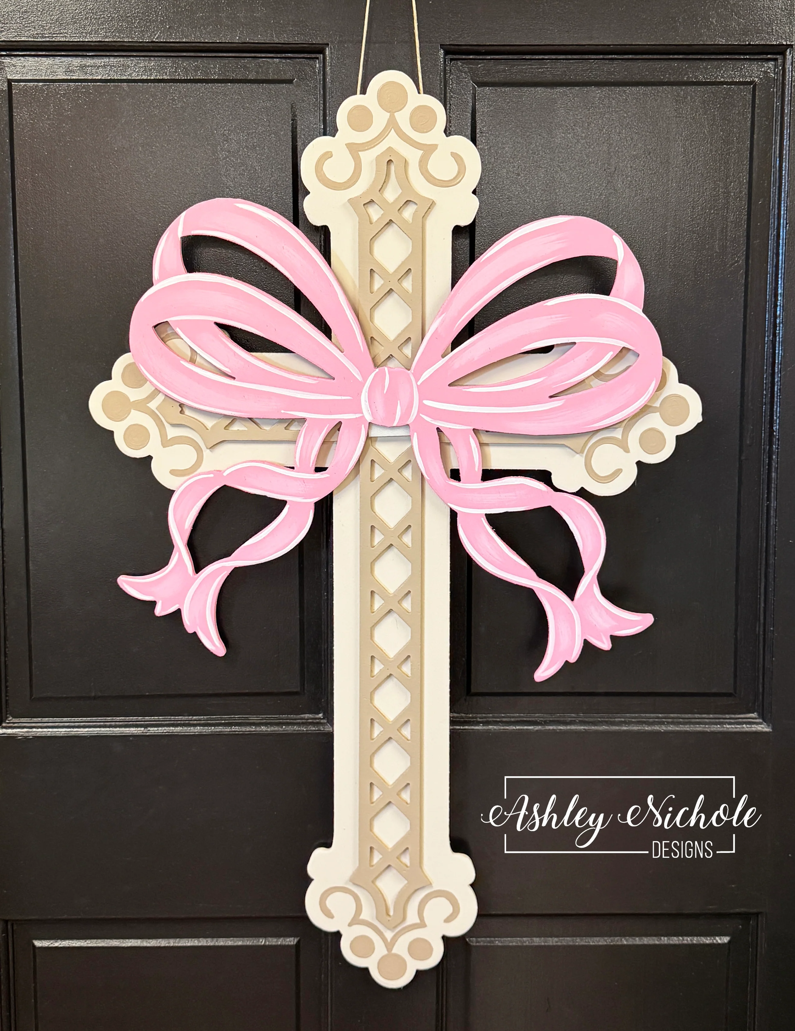 Fancy Cross with Wooden Bow Door Hanger - Choose from 4 colors (Hand-Painted) - Image 4
